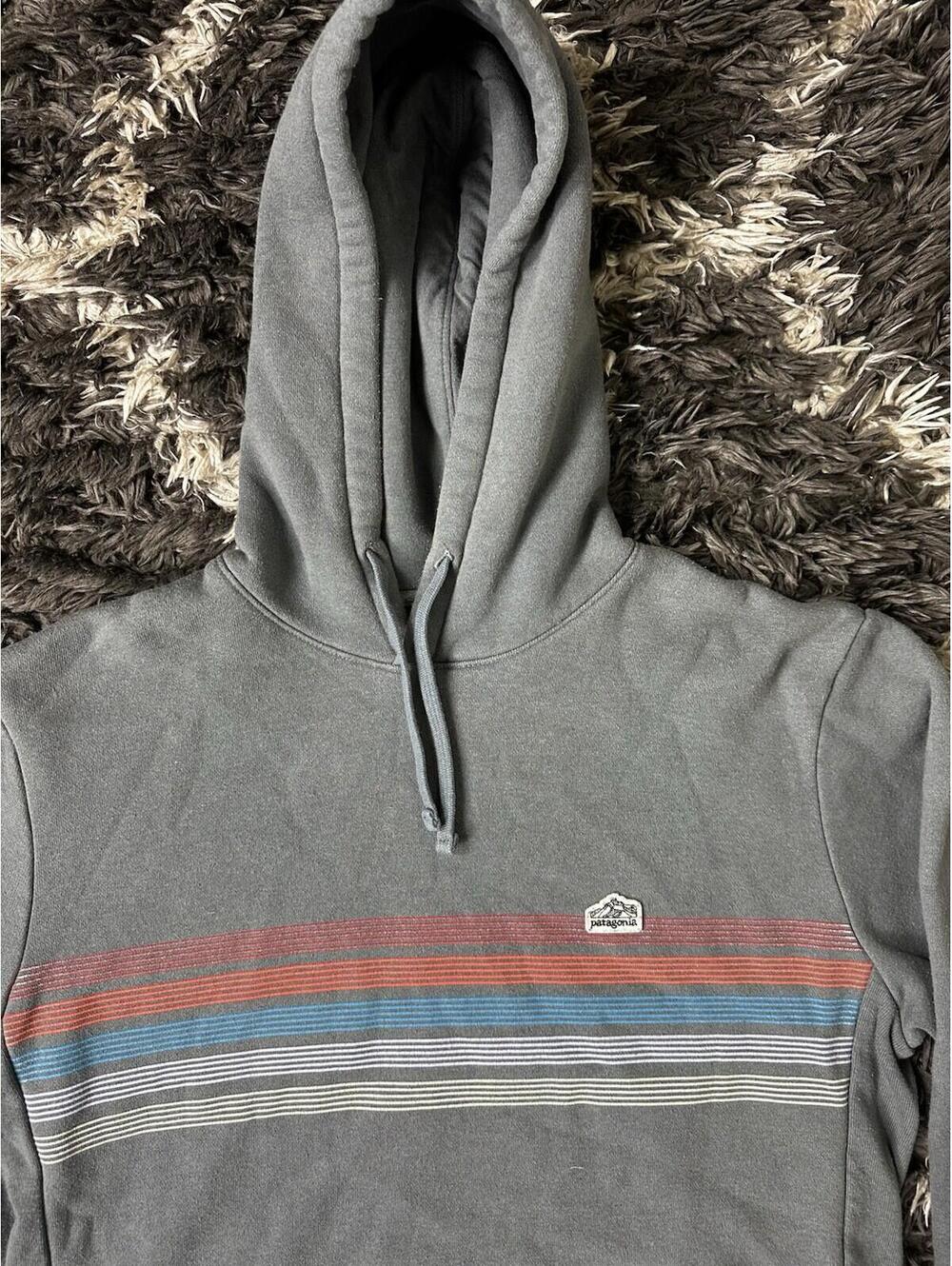 Patagonia Upisral Hoodie Mens Medium Gray Stripe Logo Pullover Sweatshirt - Picture 3 of 11